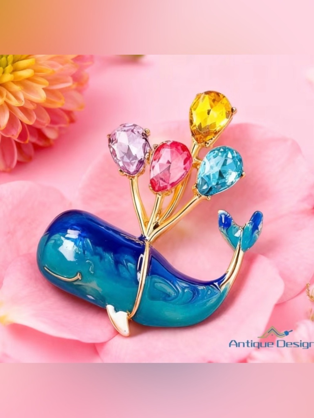 Blue Whale Brooch with Multicolor Gem Balloons - Picture 2 of 6